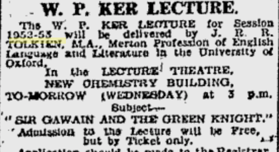 Tolkien and the W.P. Ker Lecture at Glasgow